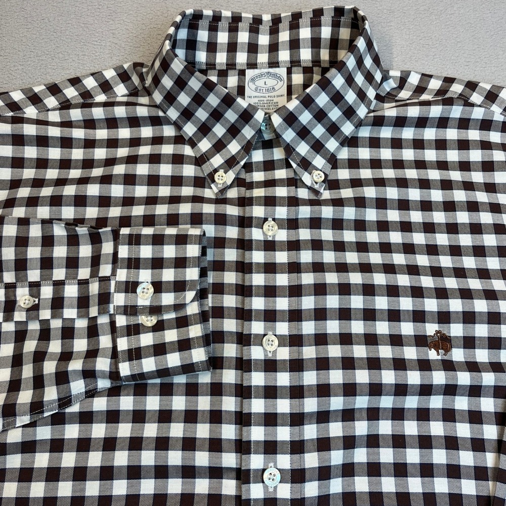 Brooks Brothers Mens Gingham Non-Iron Supima Cotton Shirt Brown White Large